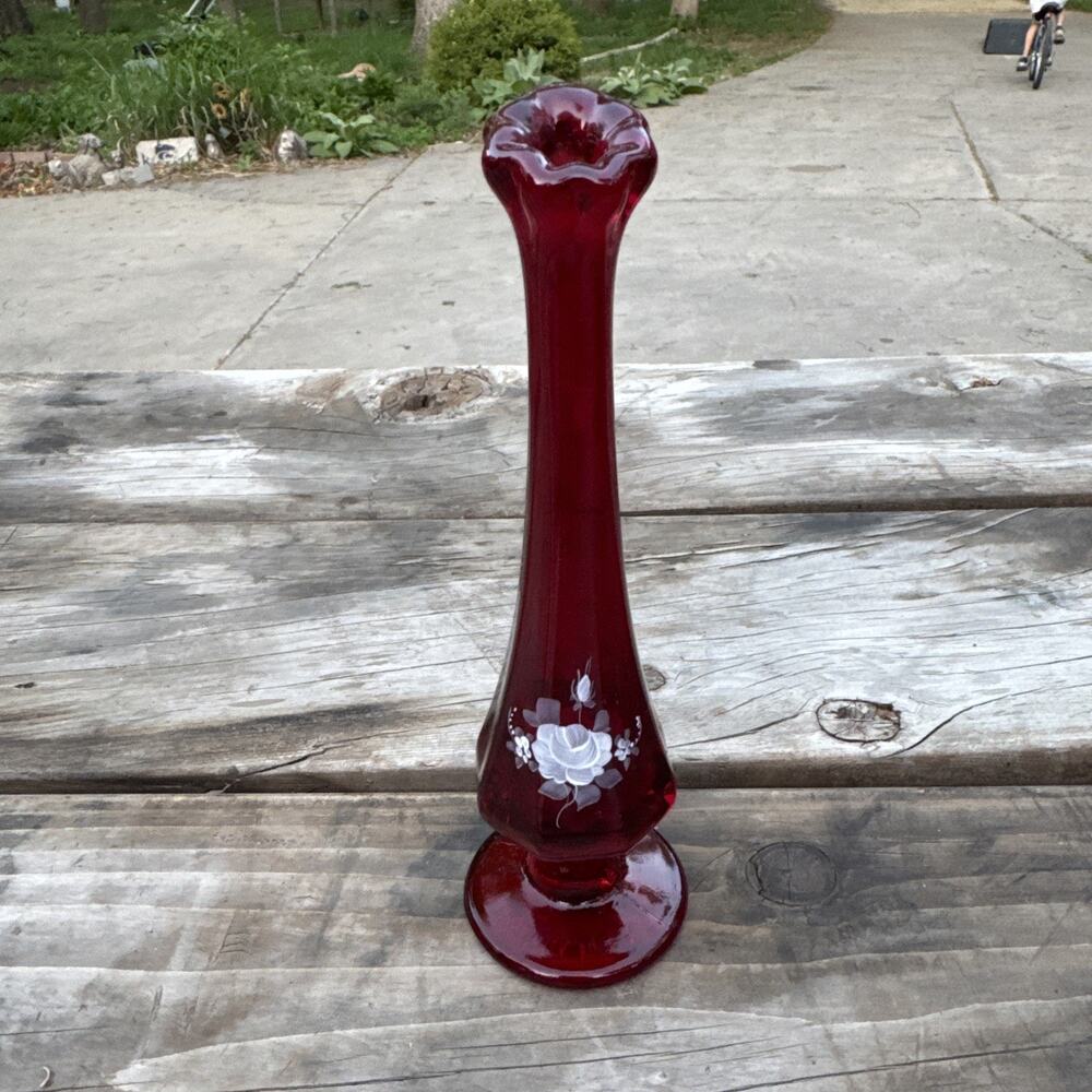 Vintage Fenton Glass Royal Ruby Swung Vase Artist Signed D. Barbour W/ Label